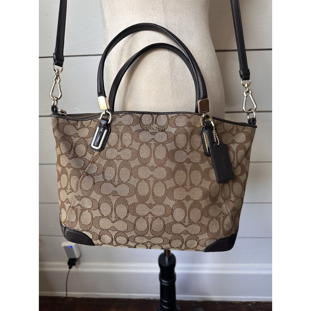 Coach Small Signature Kelsey Satchel Crossbody Khaki Brown Classic Jacquard